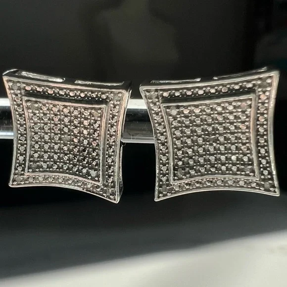Mens 14K White GoldOver Solid Sterling SilverDiamonds DesignerEarrings